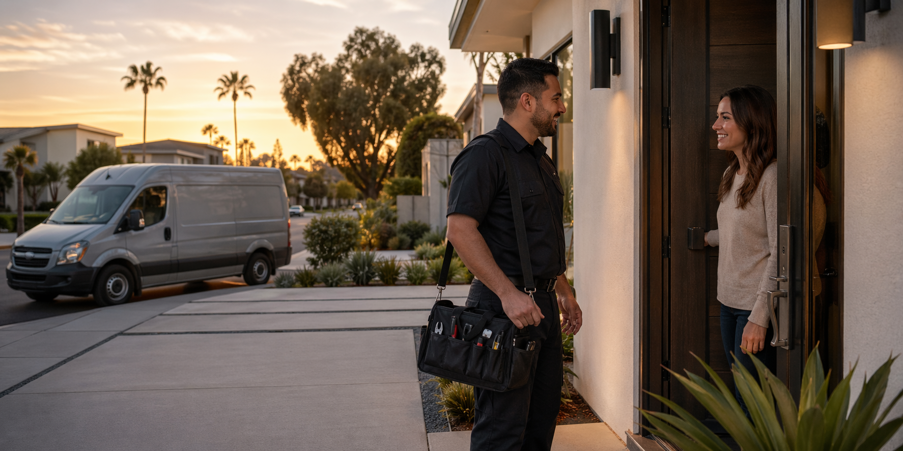 Locksmith arriving at a home at sunset to help a customer